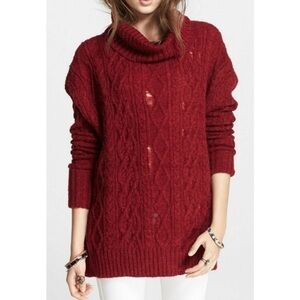 Free people Red Love Worn Distressed Cable Sweater Size Large